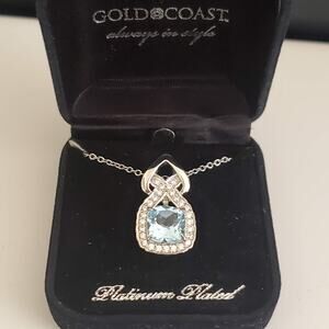 Gold Coast Necklace Platinum Plated Aquamarine CZ‎ Romantic Feminine Bling NIB